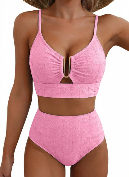 HOTHerseas 2 Piece Bikini Set U-Wire Cutout Popular Swimsuit High Waisted Textured 2026 Summer Beach Swim Bathing Suits