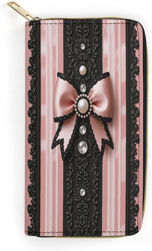 HOTVintage Black Pink Bow Portable Womens PU Leather Long Wallet Waterproof Large Capacity Credit Card Holder Slim Travel Purse with Multiple Slots 7.8" L X 4.1" W