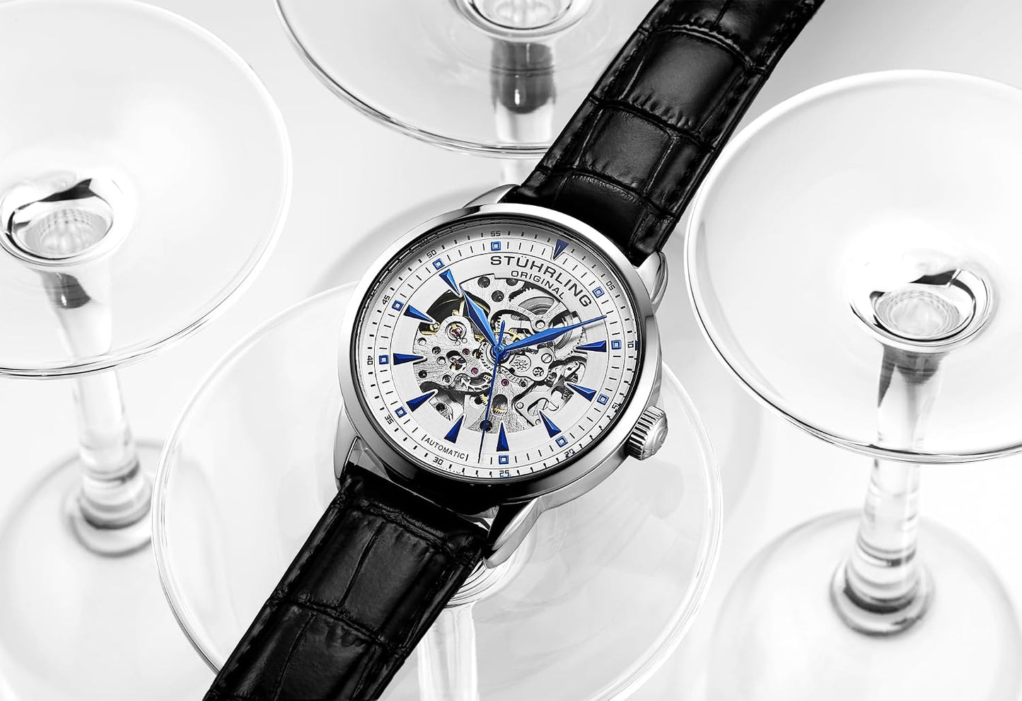 HOTStuhrling Original Mens Skeleton Automatic Dress Watch with Alligator Embossed Leather Strap Skeleton Dial
