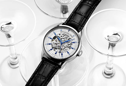 HOTStuhrling Original Mens Skeleton Automatic Dress Watch with Alligator Embossed Leather Strap Skeleton Dial