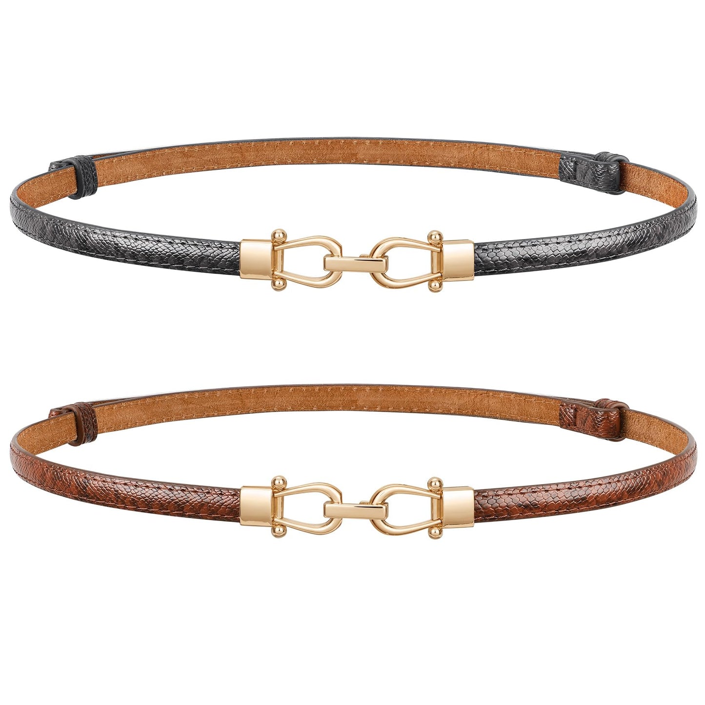 HOTJASGOOD Leather Skinny Belts for Women Plus Size Ladies Thin Waist Belts Adjustable for Jeans Pants Dresses with Gold Buckle