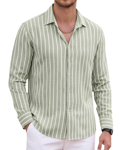 HOTAlex Vando Mens Linen Shirts Long Sleeve Button Down Striped Beach Shirt | Breathable Skin-Friendly Anti-Shrink Fabric, Classic Stripes For Casual Style, All-Day Comfort, Easy Care