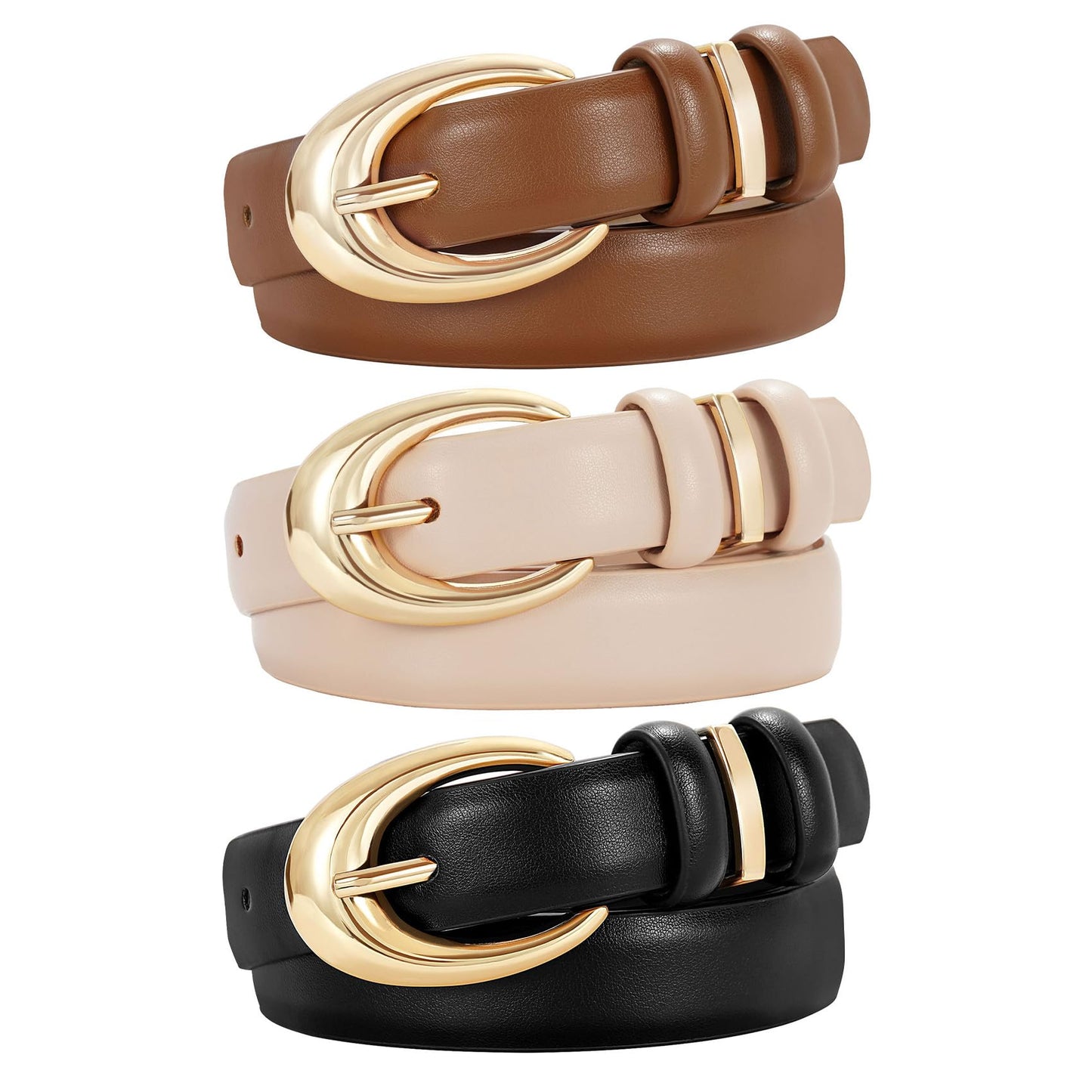 HOTTRIWORKS 3 Pack Women Leather Belt for Jeans Pants Fashion Ladies Faux Leather Belt with Gold Buckle