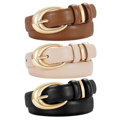 HOTTRIWORKS 3 Pack Women Leather Belt for Jeans Pants Fashion Ladies Faux Leather Belt with Gold Buckle