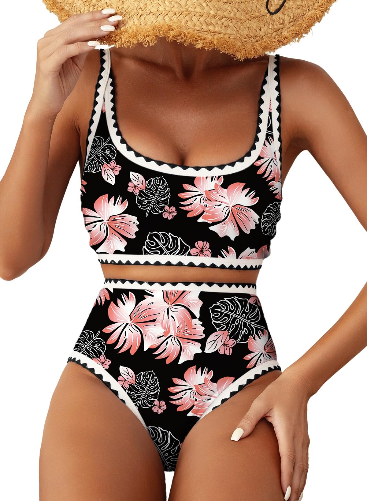 HOTHerseas Women's Bikini Sets Floral Print Whip Stitch 2 Piece Swimsuits High Waisted Scoop Bathing Suits
