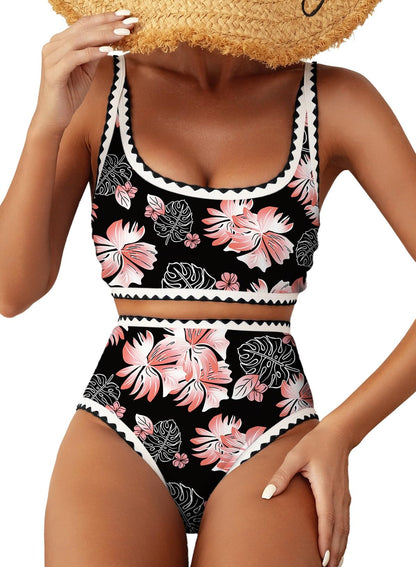 HOTHerseas Women's Bikini Sets Floral Print Whip Stitch 2 Piece Swimsuits High Waisted Scoop Bathing Suits
