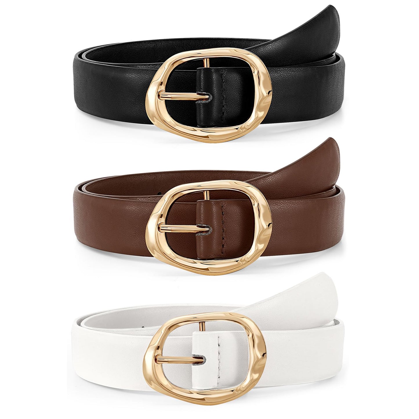 HOTJASGOOD 3 Pack Women Belts for Jeans Pants Ladies Leather Waist Belt Casual Fashion Trend Belt for Women with Gold Buckle