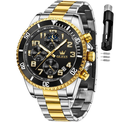 HOTOLEVS Mens Watches Chronograph Luxury Dress Moon Phase Two Tone Stainless Steel Waterproof Luminous Business Calendar Wrist Watch