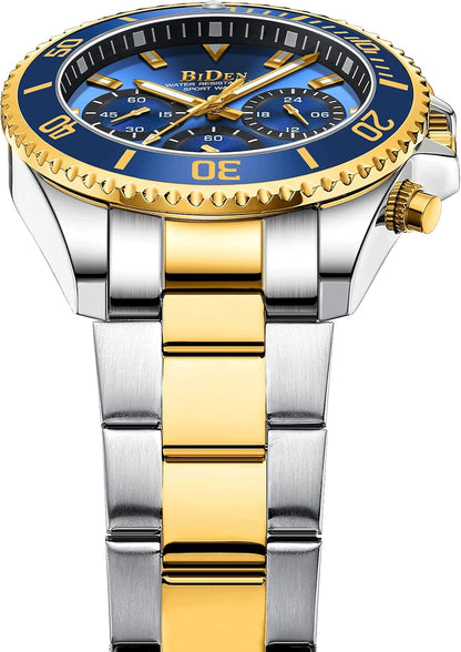 HOTBIDEN Mens Watches Chronograph Gold Blue Stainless Steel Waterproof Date Analog Quartz Watch Business Casual Fashion Wrist Watches for Men