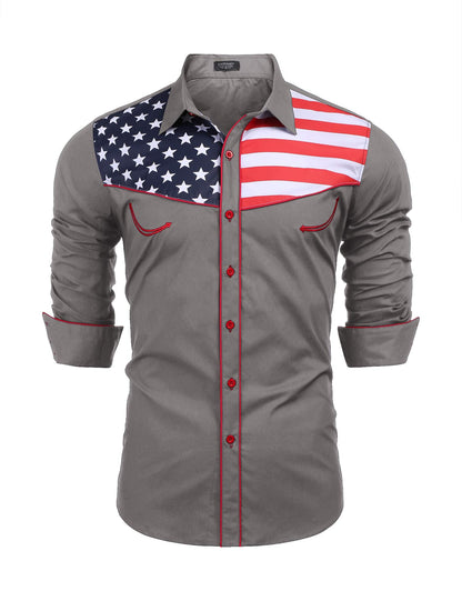 HOTCOOFANDY Men's American Flag Button Down Shirts Western Cowboy Shirt Slim Fit Patriotic Long Sleeve Shirt