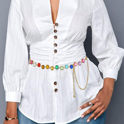 HOTELABEST Rainbow Belt Chain Colorful Waist Chains Rhinestone Gold Jewelry for Women