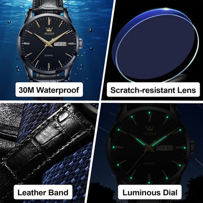 HOTQBAIZI Men's Casual Leather Watch, Easy to Read Three-Hand Analog Stainless Steel Watches for Men, Minimalist Day Date Waterproof Luminous Mens Quartz Wristwatch