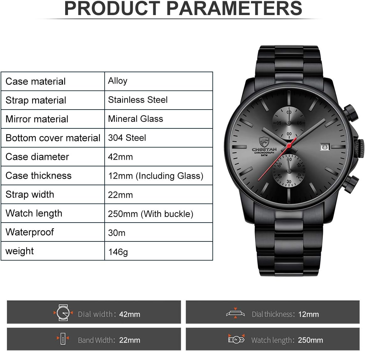 HOTGOLDEN HOUR Fashion Business Mens Watches with Stainless Steel Waterproof Chronograph Quartz Watch for Men, Auto Date