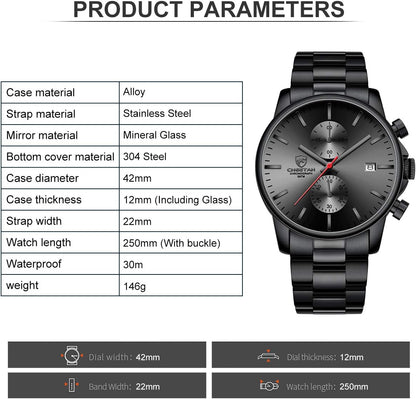 HOTGOLDEN HOUR Fashion Business Mens Watches with Stainless Steel Waterproof Chronograph Quartz Watch for Men, Auto Date