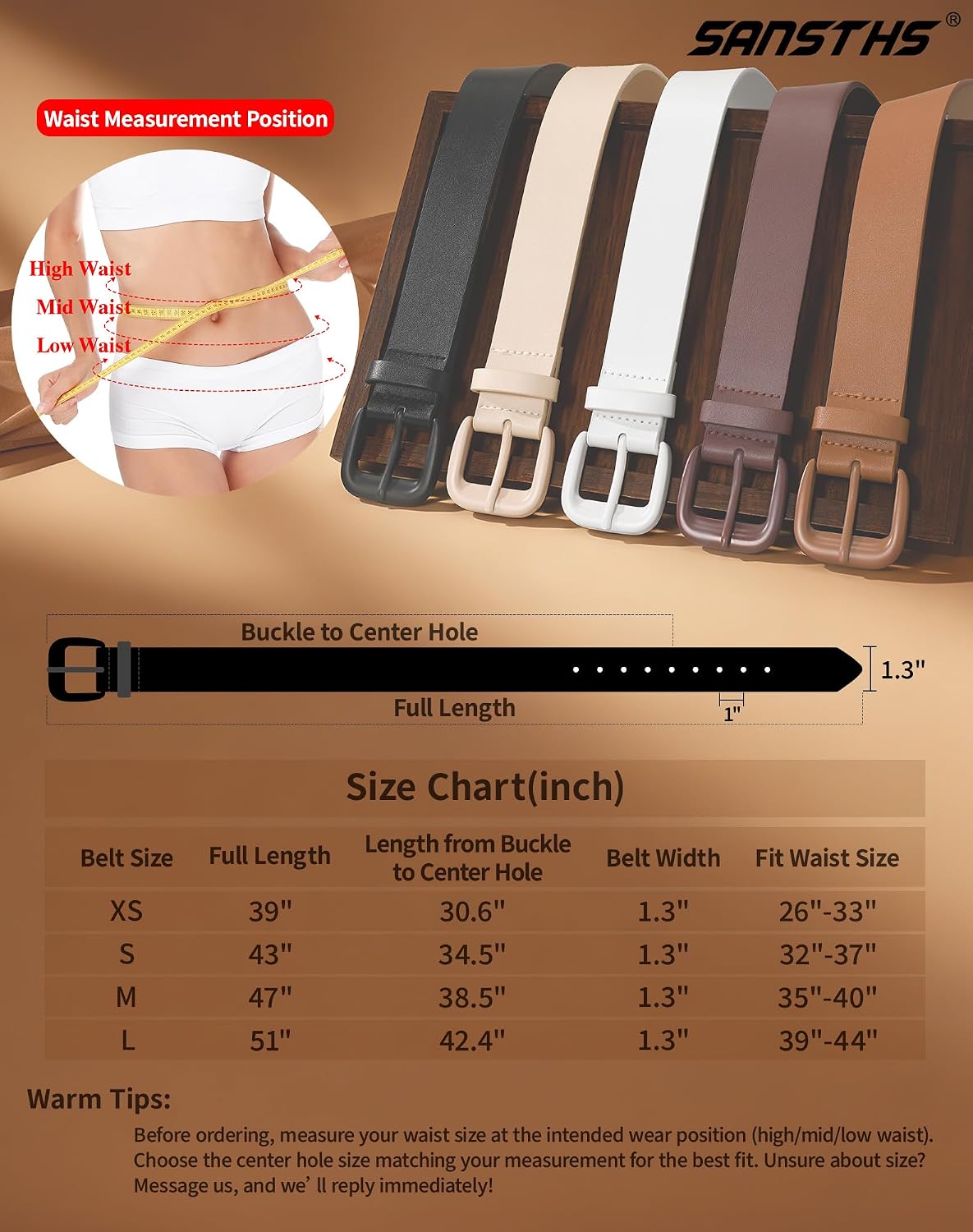 HOTSANSTHS Womens Belt with Same Color Square Buckle, 9 Hole Adjustable Flexible PU Leather Belt for Women Jeans Pants Dresses