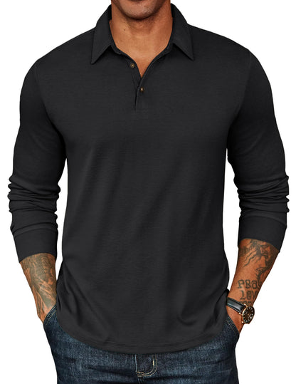 HOTCOOFANDY Mens Long Sleeve Polo Shirts Classic CasualButton Collared PoloTee