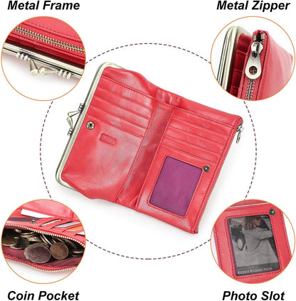 HOTCONTACTS Full Grain Goat Leather Kiss Lock Wallet for Women Vintage Clutch Wallet with Rfid Blocking Zipper Coin Purse (Red)