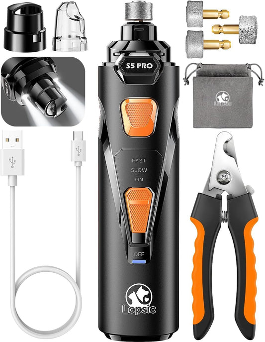 HOTWhisper Quiet Dog Nail Grinder Safe & Stress-Free for Sensitive Dogs Cats | 4 LED Lights,3 Grinding Bits, 3-Speed, Pet Nail Trimmers, Rechargeable Painless Grooming Kit for All Breeds & Sizes