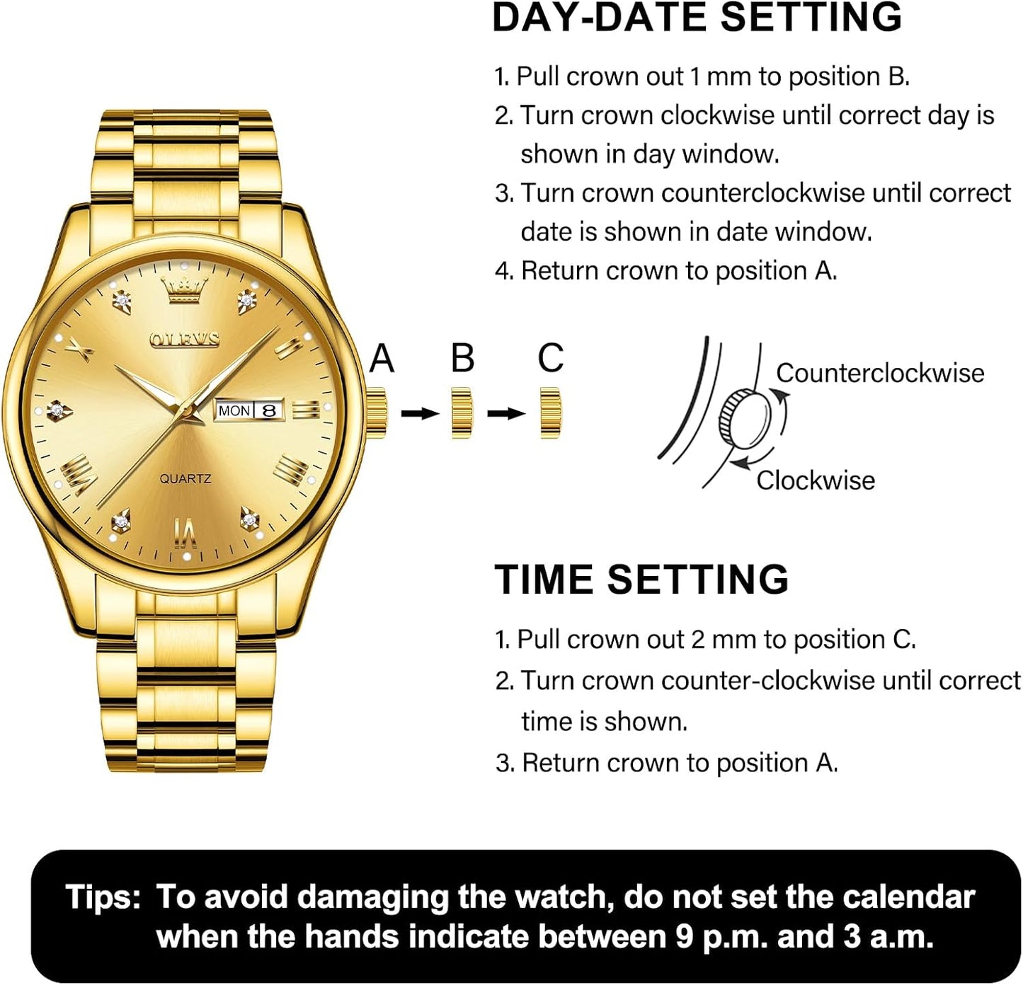 HOTOLEVS Men's Luxury Stainless Steel Watch, Big Face Gold Silver Two Tone Three Hand Analog Quartz Watch, Easy to Read Waterproof Luminous Day Date Wrist Watches for Men