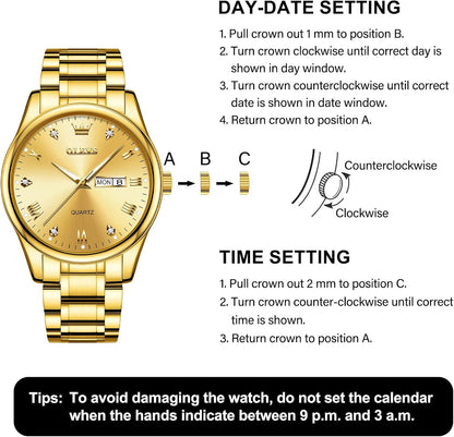 HOTOLEVS Men's Luxury Stainless Steel Watch, Big Face Gold Silver Two Tone Three Hand Analog Quartz Watch, Easy to Read Waterproof Luminous Day Date Wrist Watches for Men