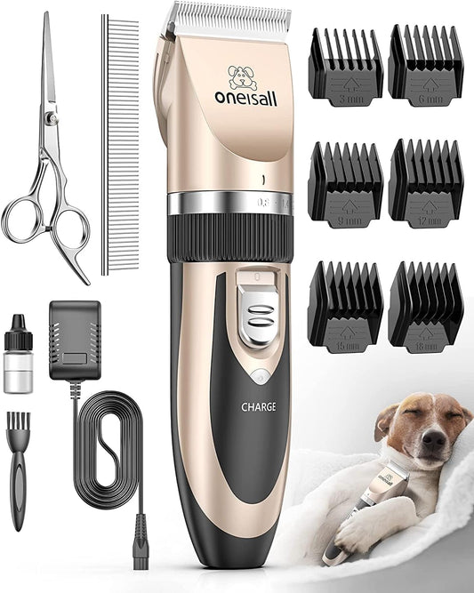 HOToneisall Dog Clippers Grooming Kit for Dogs Cats Pets | Low Noise, Rechargeable Cordless, Long Battery Life, Simple for Beginners, 6 Guide Combs, Removable & Rinsable Blade