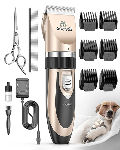 HOToneisall Dog Clippers Grooming Kit for Dogs Cats Pets | Low Noise, Rechargeable Cordless, Long Battery Life, Simple for Beginners, 6 Guide Combs, Removable & Rinsable Blade