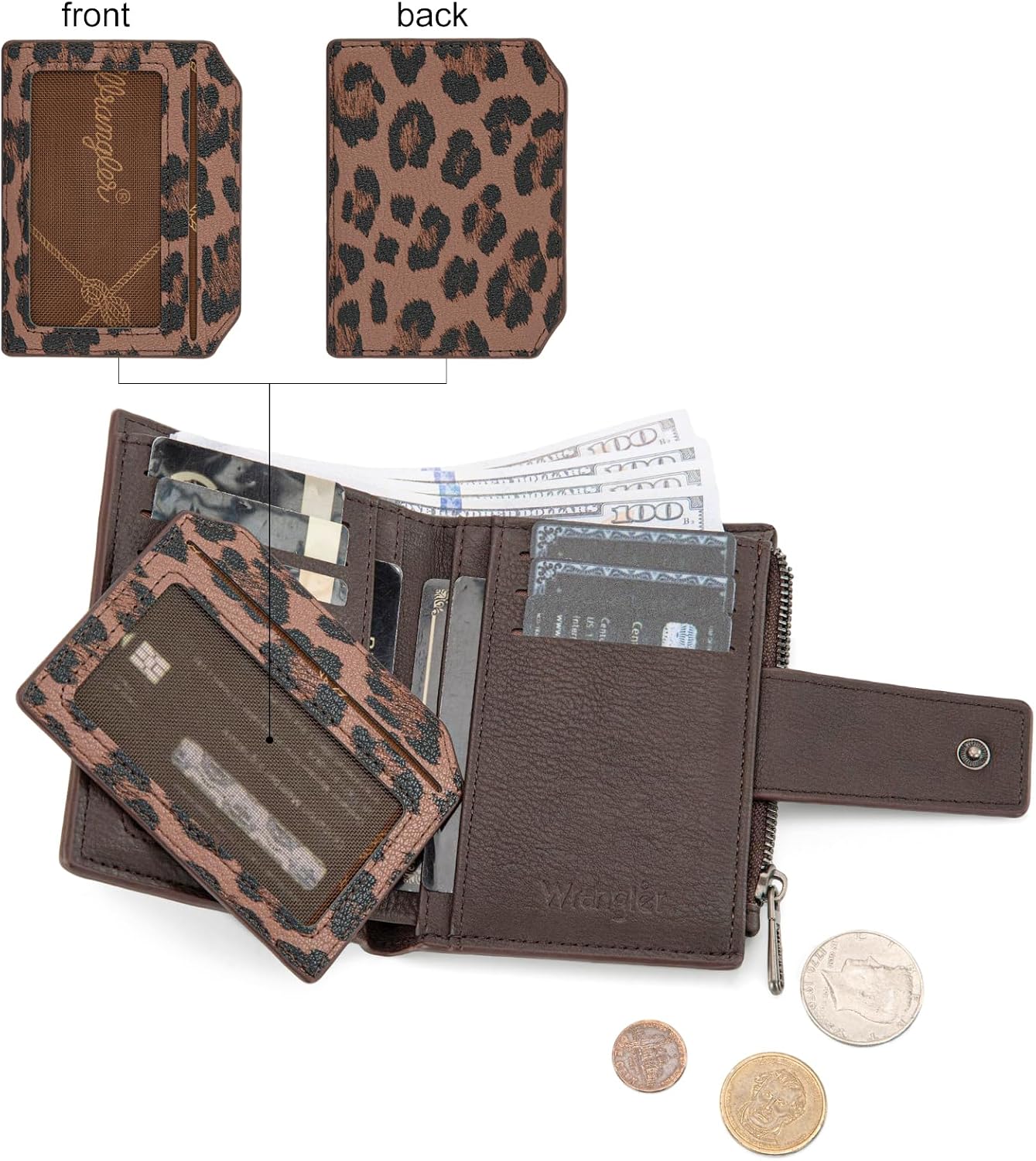 HOTMontana West X Wrangler Small Wallet Woman, Bifold RFID Blocking Wallet Leopard Print Zipper Pocket Wallets with Removable ID Window