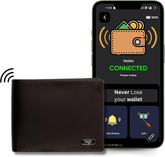 HOTtag8 DOLPHIN Men's Wallet with Tracker, Genuine Leather Slim Bifold RFID Blocking Minimalist Wallet, Credit Card Holder Smart Wallet for Men Works with Android & iOS - Rich Brown