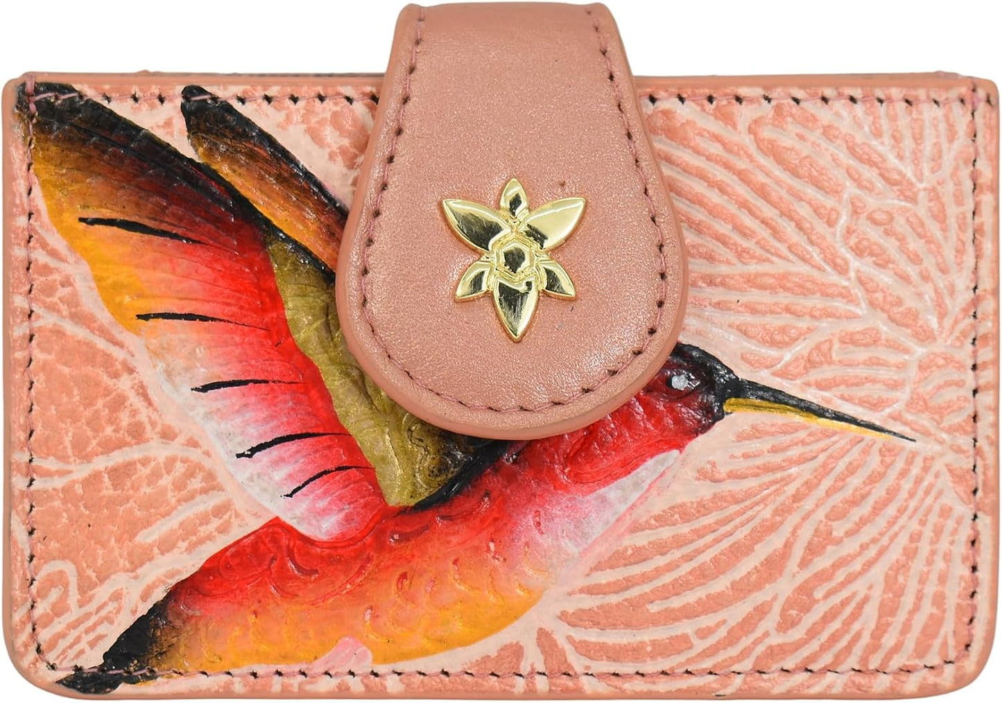 HOTAnuschka 2083 Card Holder, Women's Hand-Painted Genuine Leather Card Holder – Tooled Birds Peach