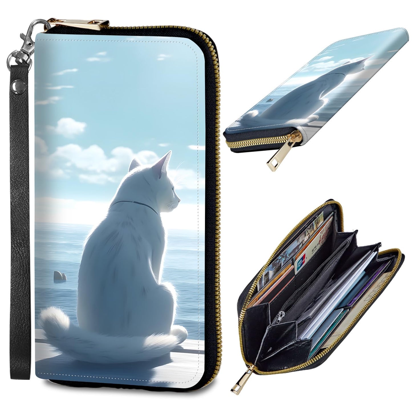 HOTWomens Wallet, PU Leather RFID Cute Wristlet Wallets for Girls Women Ladies Purse Large Credit Card Clutch Purse Card Holder Coin Pocket Travel Wallets with Zipper, Art Black Cat
