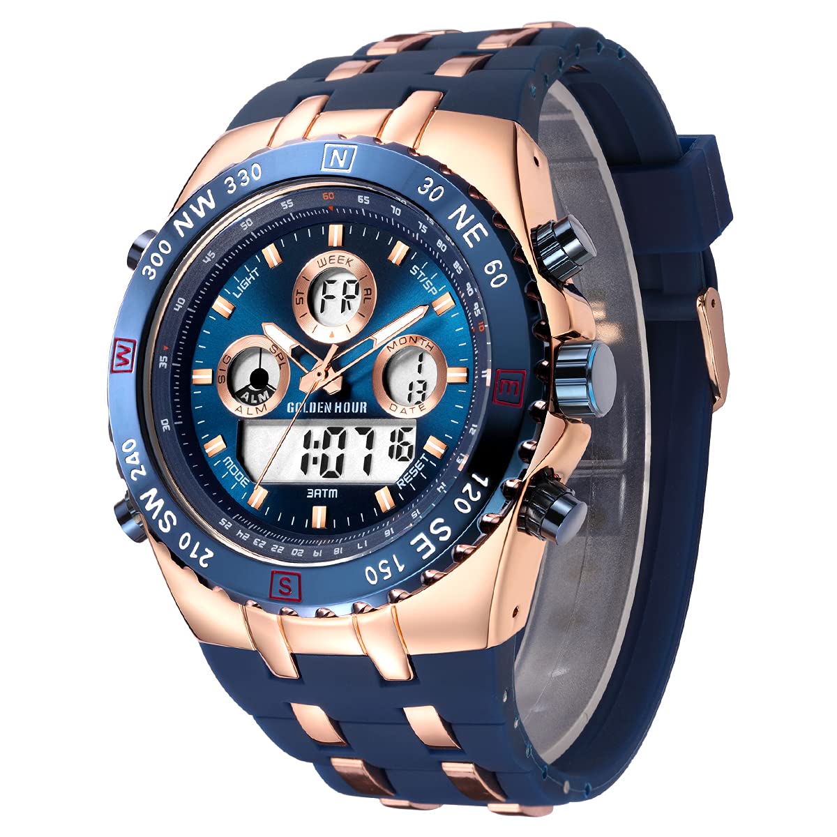 HOTGOLDEN HOUR Luxury Military Sports Men's Watches Large Size Big Face 3ATM Waterproof, Stopwatch, Date and Date, Alarm, Luminous Digital Analog Wrist Watch with Rubber Band