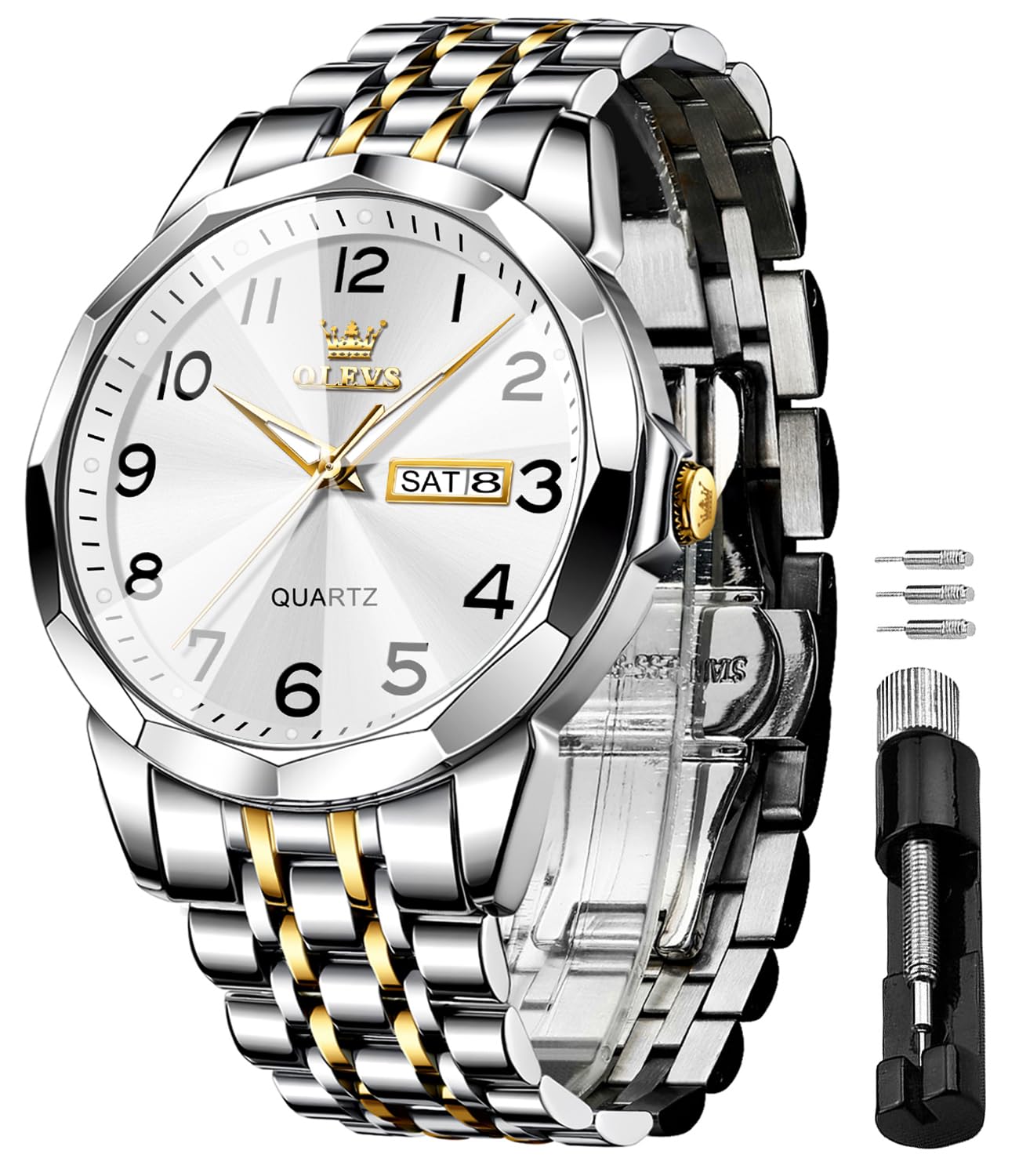 HOTOLEVS Watch for Men Luxury Dress Analog Quartz Stainless Steel Waterproof Luminous Date Diamond Business Two Tone Casual Wrist Watch