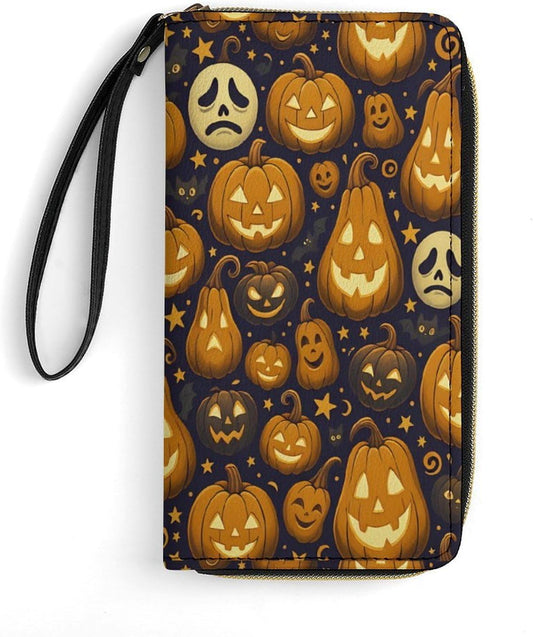 HOTHalloween Pumpkin Pattern Women's Wallet Wristlet Zipper Purse with Hand Strap Travel Credit Card Holder for Daily Use Gifts