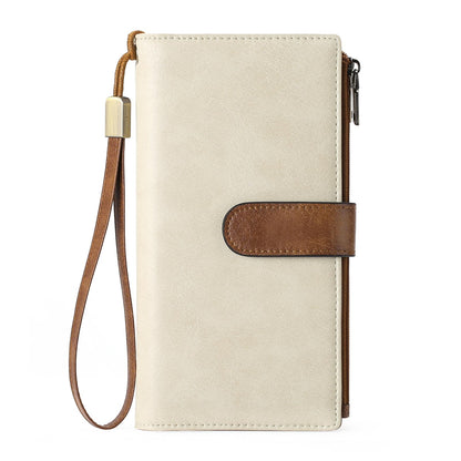 HOTGOIACII Large Wallet for Women Leather Wristlet Brown | RFID Blocking, Multi-card Slots, Detachable Wrist Strap, Trifold Clutch Purse