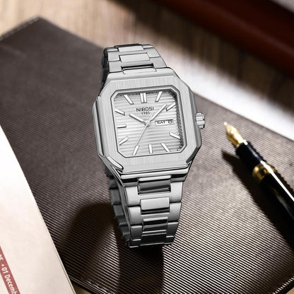 HOTNIBOSI Men Watches Analog Quartz Stainless Steel Silver Watches for Men Waterproof Business Classic Watch with Day and Date Display Wrist Watch for Work and Casual Wear