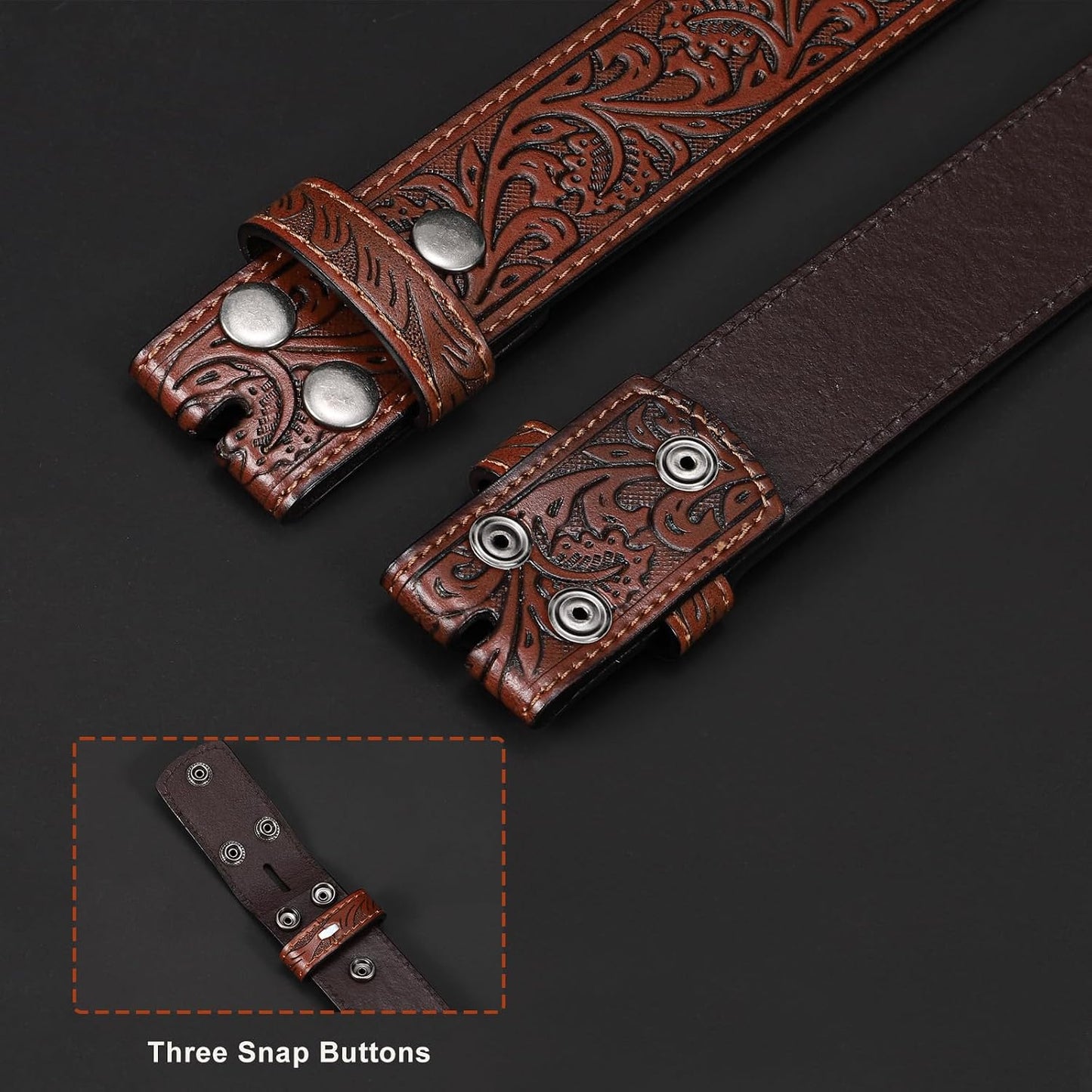 HOTSANSTHS 3 Pack Western Belts for Men Woman without Buckle, Cowgirl Cowboy Belt for Buckle Western Leather Belt for Jeans | Embossed Genuine Leather, 1.5" Wide Belt, 3 Snap Buttons, Classic Cowboy Style, for Western buckle Rodeos Costume Party Gifts