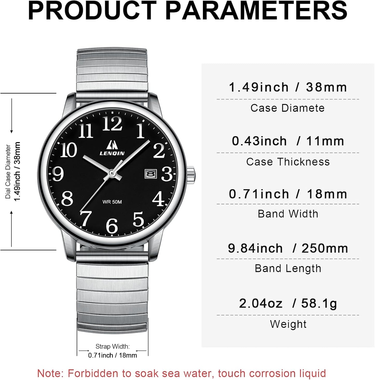 HOTLN LENQIN Mens Watches Stainless Steel Analog Quartz Watch for Men Easy Reader 38 mm Fashion Business Waterproof Men's Wrist Watches with Date and Expansion Band