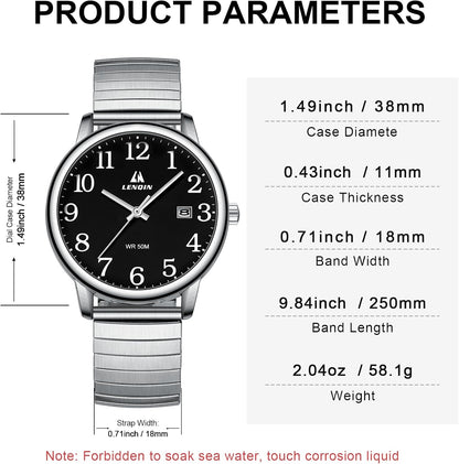HOTLN LENQIN Mens Watches Stainless Steel Analog Quartz Watch for Men Easy Reader 38 mm Fashion Business Waterproof Men's Wrist Watches with Date and Expansion Band