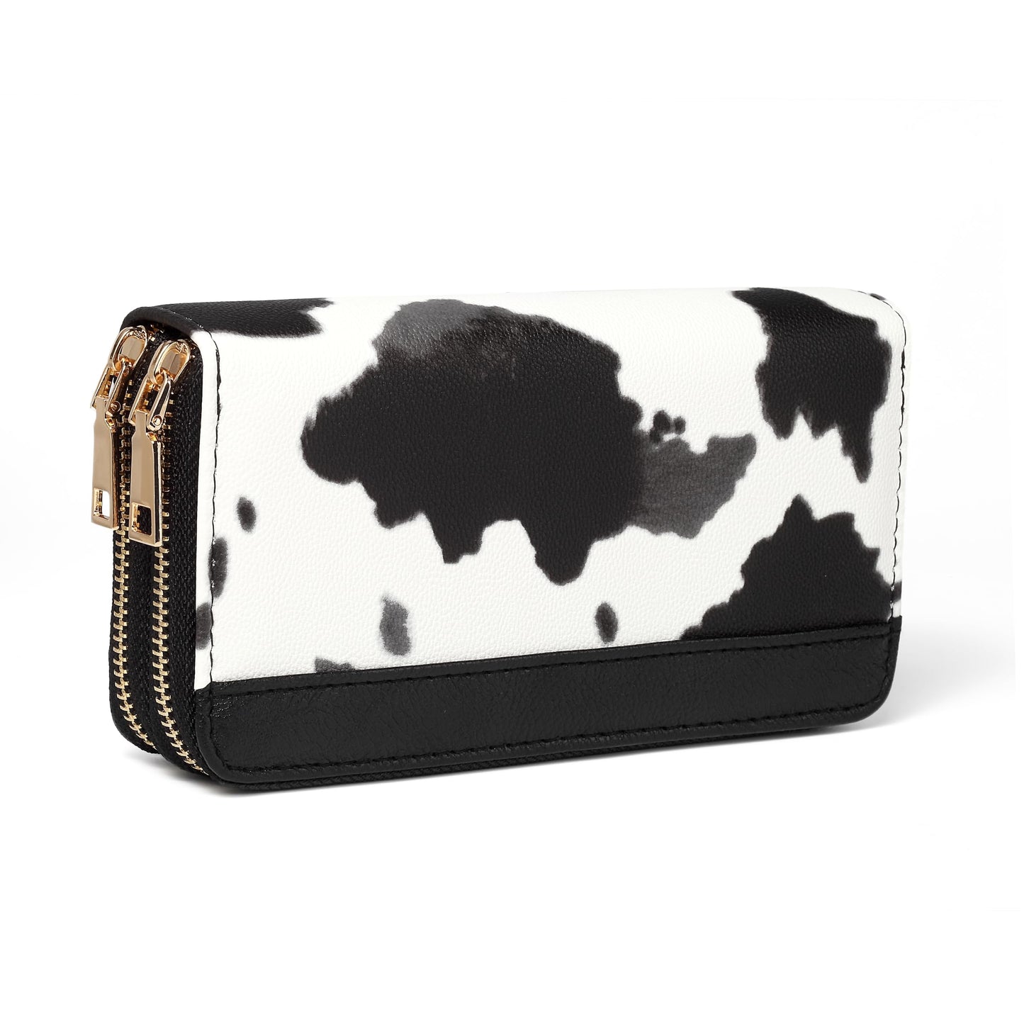HOTBlack Cat Floral Double Zip Wallet for Women, Cute Kawaii Aesthetic Small Wallet with Card Slots & Coin Pocket, Compact Boho Travel Purse for Cat Lovers