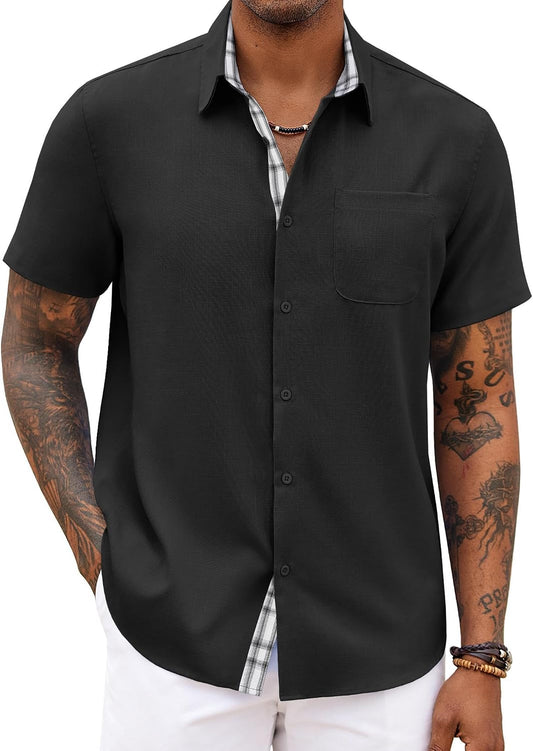 HOTCOOFANDY Men's Button Down Shirts Short Sleeve Casual Summer Beach Vacation Wedding Shirt with Pocket