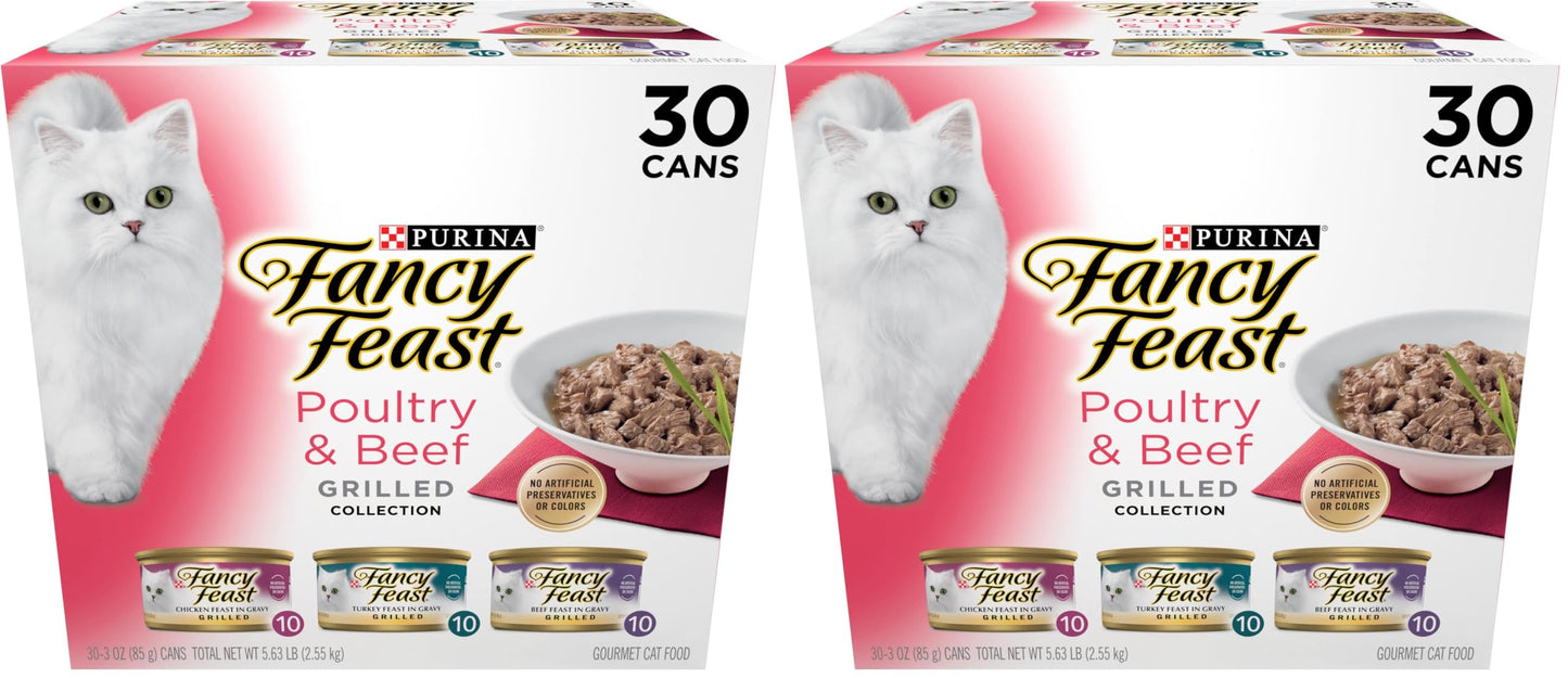 HOTPurina Fancy Feast Grilled Wet Cat Food Poultry and Beef Collection Wet Cat Food Variety Pack - (Pack of 30) 3 oz. Cans