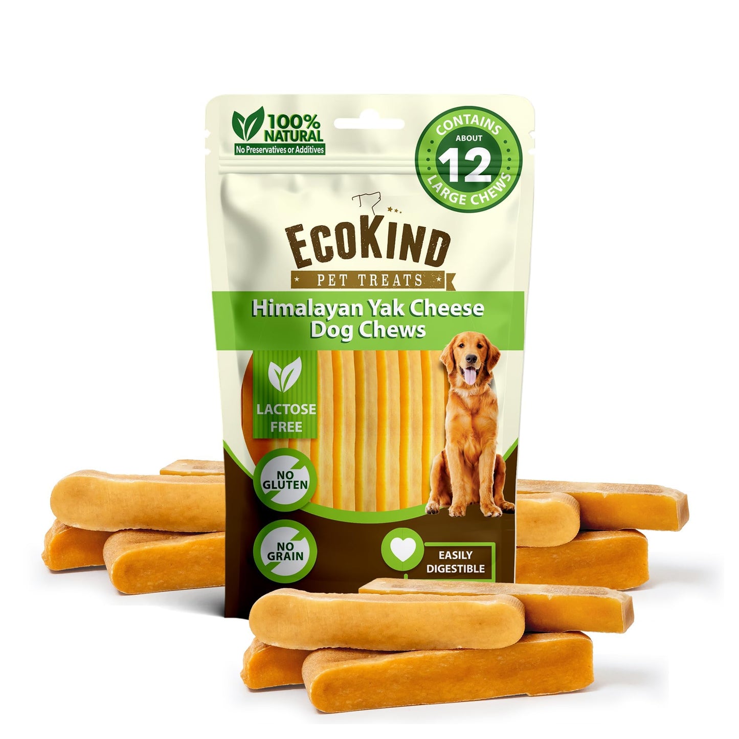 HOTEcoKind Yak Cheese Himalayan Dog Chews, Yak Chews for Large Dogs, 4-5 Bones | 1 Lb, Long Lasting for Aggressive Chewers, Only 3 Ingredient Natural High Protein Dental Dog Treats, No Additives or Lactose