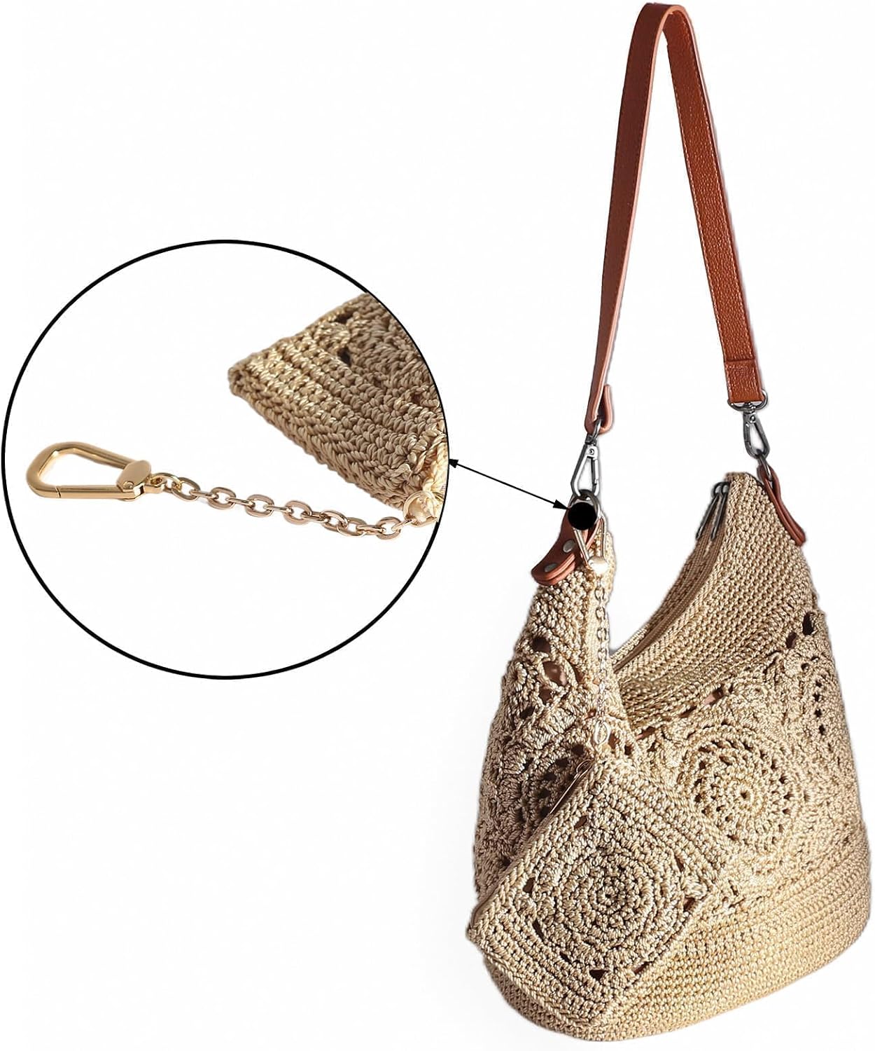 HOTEiyye Crochet Card Holder Wallet for Women Small Zipper Coin Purse with Keychain Slim Mini Wallet for Credit Cards & Cash (Khaki)