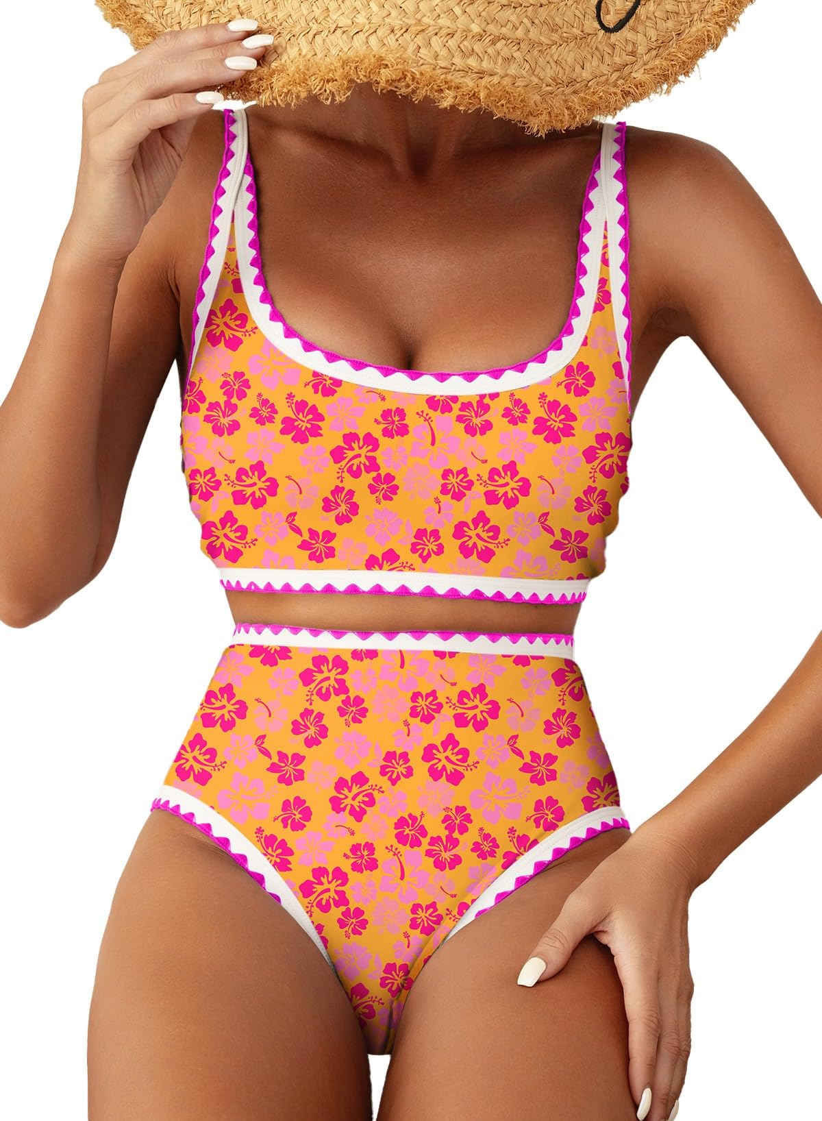 HOTHerseas Women's Bikini Sets Floral Print Whip Stitch 2 Piece Swimsuits High Waisted Scoop Bathing Suits