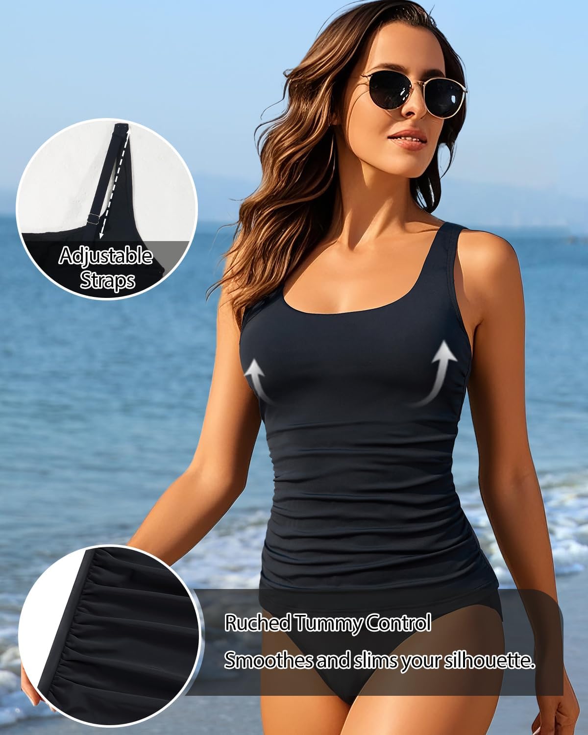 HOTTankini Tops for Women Tummy Control Swimwear Top Only No Bottom | Scoop Neck, Adjustable Straps, Ruched Stomach, Removable Cups, Available in Plus, No Bottom, Full Lining