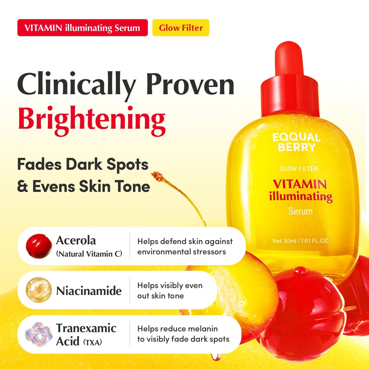 HOTEQQUALBERRY Vitamin Illuminating Serum | Niacinamide 4% & TXA | Brightening Vitamin C Serum for Face Glow with Hyaluronic Acid | Dark Spot & Uneven Tone Care | Korean Skincare, 1.01 fl oz