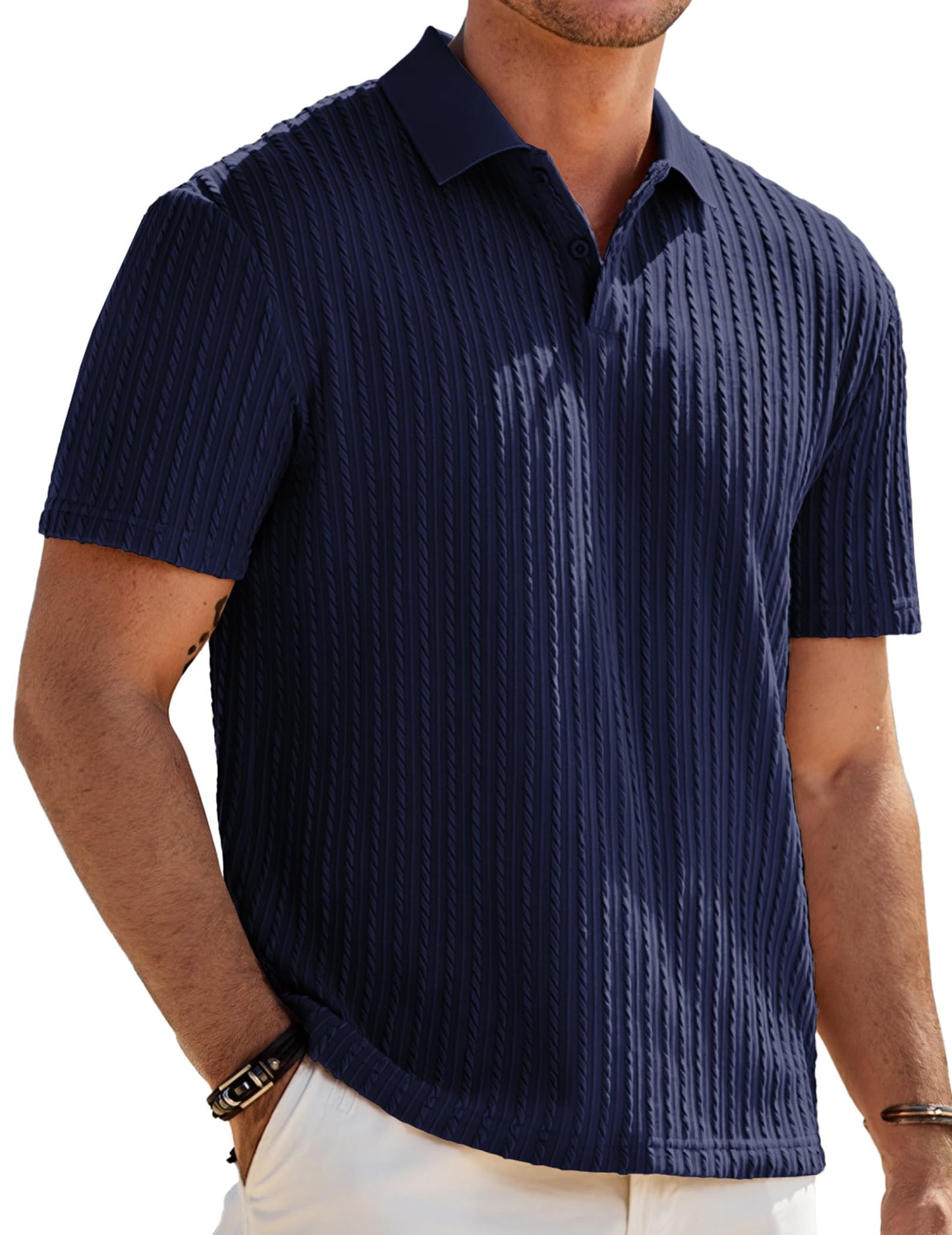 HOTJMIERR Mens Casual Polo Shirt Summer Short Sleeve Vacation Button Beach Knit Stretchy Golf Shirts