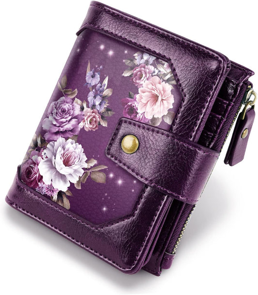 HOTSmall Womens Wallet Billfold RFID Credit Card Holder Ladies Purse | Compact Wallets Women, 2 ID Windows,16 Card Slots, Zipper Coin Pocket, PU Leather, Woman Female Girls Gift, Purple Flower