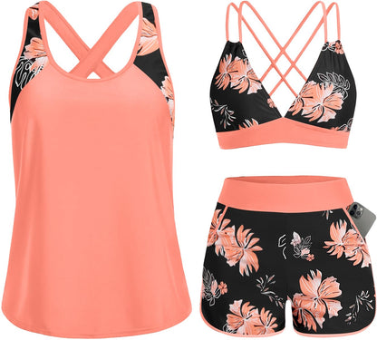 HOTWomen's 3 Piece Tankini Swimsuit Tummy Control with Bra Pocket Boy Shorts | Modest Bathing Suit, Athletic Style, Strappy-Back Support, High-Waist Fit, Built-In Brief, Side Pockets, Beach Swim Days