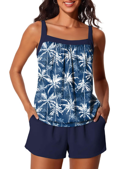 HOTSummer Mae Blouson Womens Tankini Swimsuits Tummy Control Bathing | Modest tankini with adjustable straps,built-in brief,swim shorts with pockets,plus for beach,pool,vacation